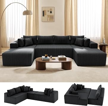 134 Cloud Couch U-Shaped Sectional Sofa, Corduroy Boneless Couches | Modular Deep Seat Sofa for Living Room with 2 Chaise Lounges and 1 Loveseat, 30D High-Resilience Foam, No Assembly