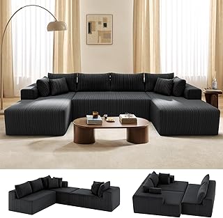 Mvpipi Cloud Couch U-Shaped Sectional Sofa, 134'' Modular Boneless Couches for Living Room, Corduroy Deep Seat Sofa with 2 Chaise Lounges and 1 Loveseat, 30D High-Resilience Foam, No Assembly, Black