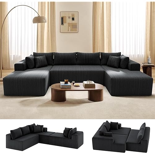 Cloud Couch U-Shaped Sectional Sofa, 132'' Modular Boneless Couches for Living Room, Corduroy Deep Seat Sofa with 2 Chaise Lounges and 1 Loveseat, 30D High-Resilience Foam, No Assembly, Black