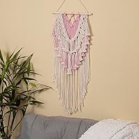 Vista 4 de LB Tapiz tejido de macramé rosa para colgar en la pared, tapiz tejido bohemio, hojas de borlas blancas y rosas, decoración de pared bohemia elegante