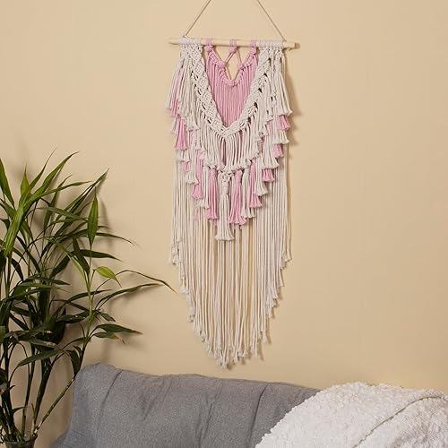 Miniatura 4 de LB Tapiz tejido de macramé rosa para colgar en la pared, tapiz tejido bohemio, hojas de borlas blancas y rosas, decoración de pared bohemia elegante