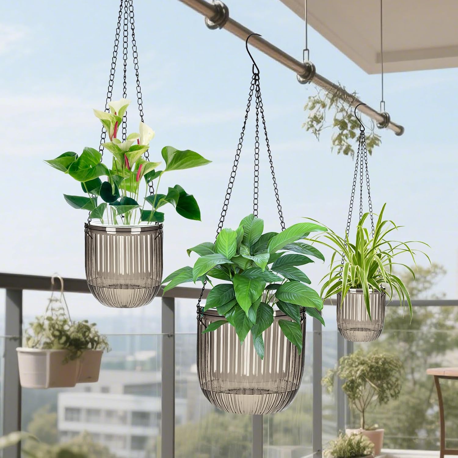 Self Watering Planters for Indoor Plants & Outdoor Plants Hanging Basket for Plants Modern Air Plant Pots with Drainage, Adjustable Hooks for Home, Balcony, Garden Décor Grey