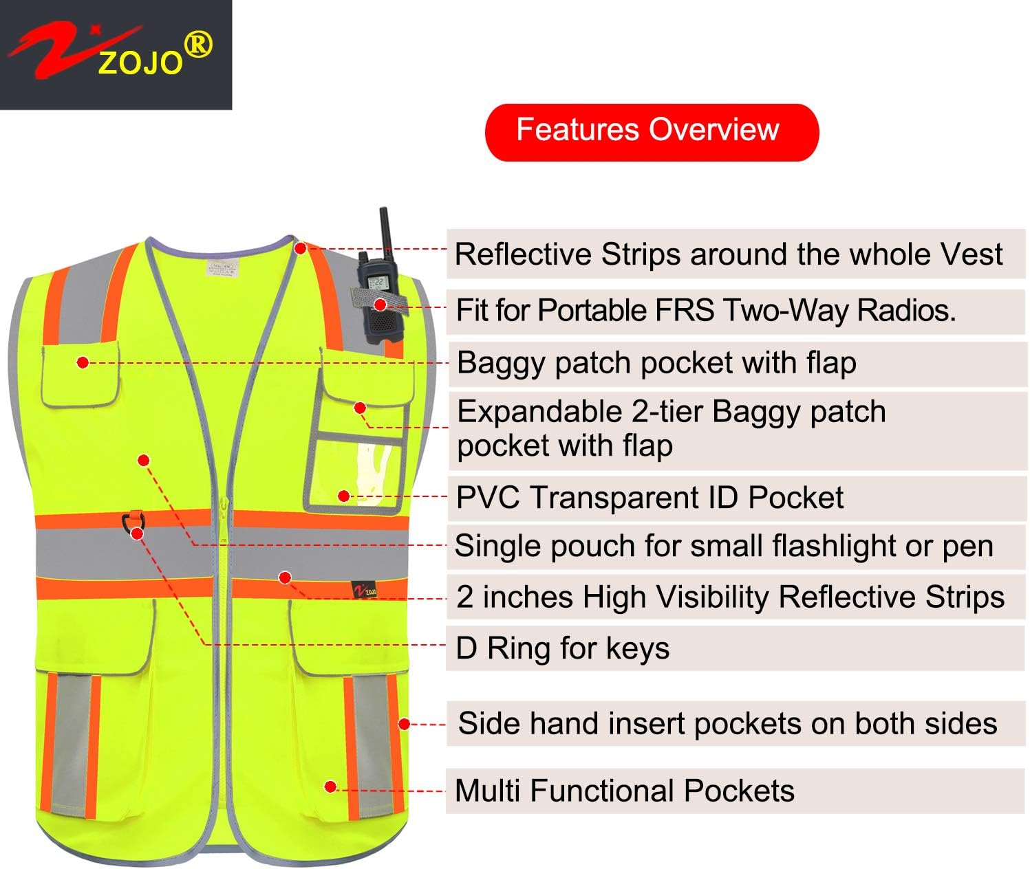 zojo High Visibility Safety Vest, 5PCS,Reflective with Multi-Functional Pockets and Zipper,for Men Women work(Yellow-Strip)