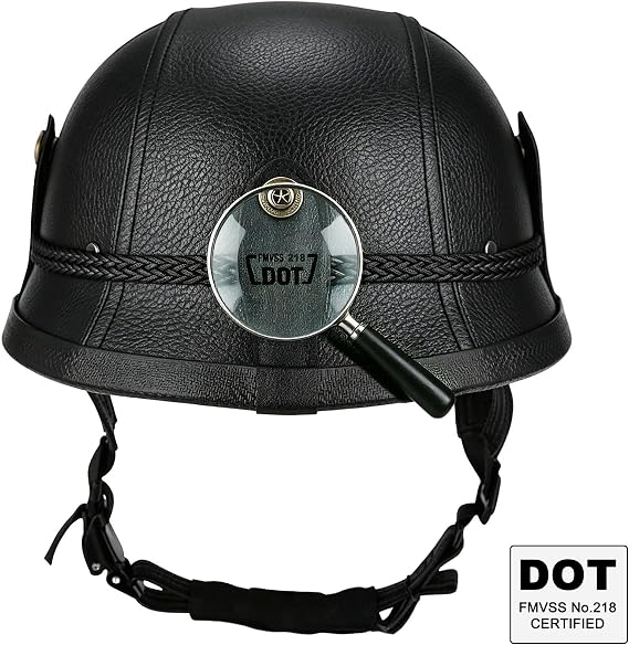 German Style Motorcycle Helmet, DOT Retro Leather Bucket Half Helmet | Vintage, Lightweight, Open Face Half Shell, for Adult Men Women, for Moped Cruiser Scooter Chopper
