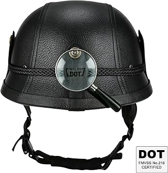 German Style Motorcycle Helmet, DOT Retro Leather Bucket Half Helmet | Vintage, Lightweight, Open Face Half Shell, for Adult Men Women, for Moped Cruiser Scooter Chopper