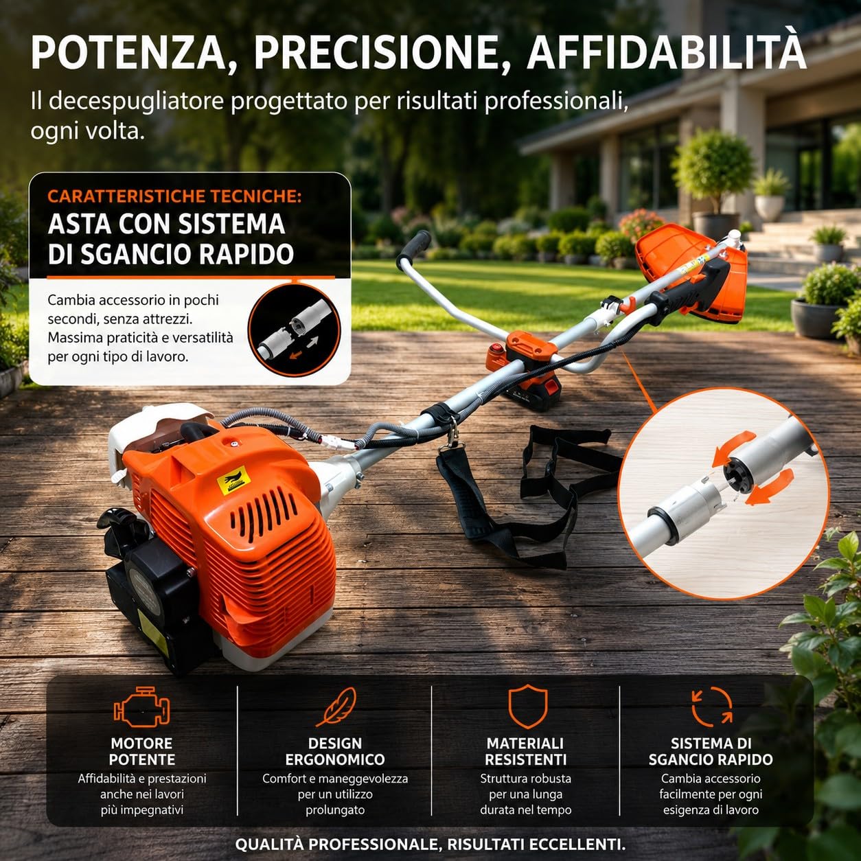 Decespugliatore a Scoppio 52cc 1.45kW 8500RPM Motore 2 Tempi con Manubrio Avviamento Elettrico con Batteria 12V e Manuale con Testina Doppio Filo e Disco tre Denti Acciaio per Erba, Giardino, Arbusti