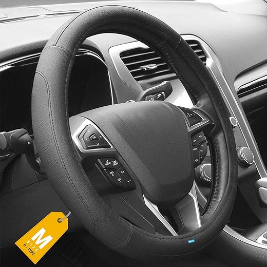 NIKAVI Leather Steering Wheel Cover (Medium -O)(38cm) Black