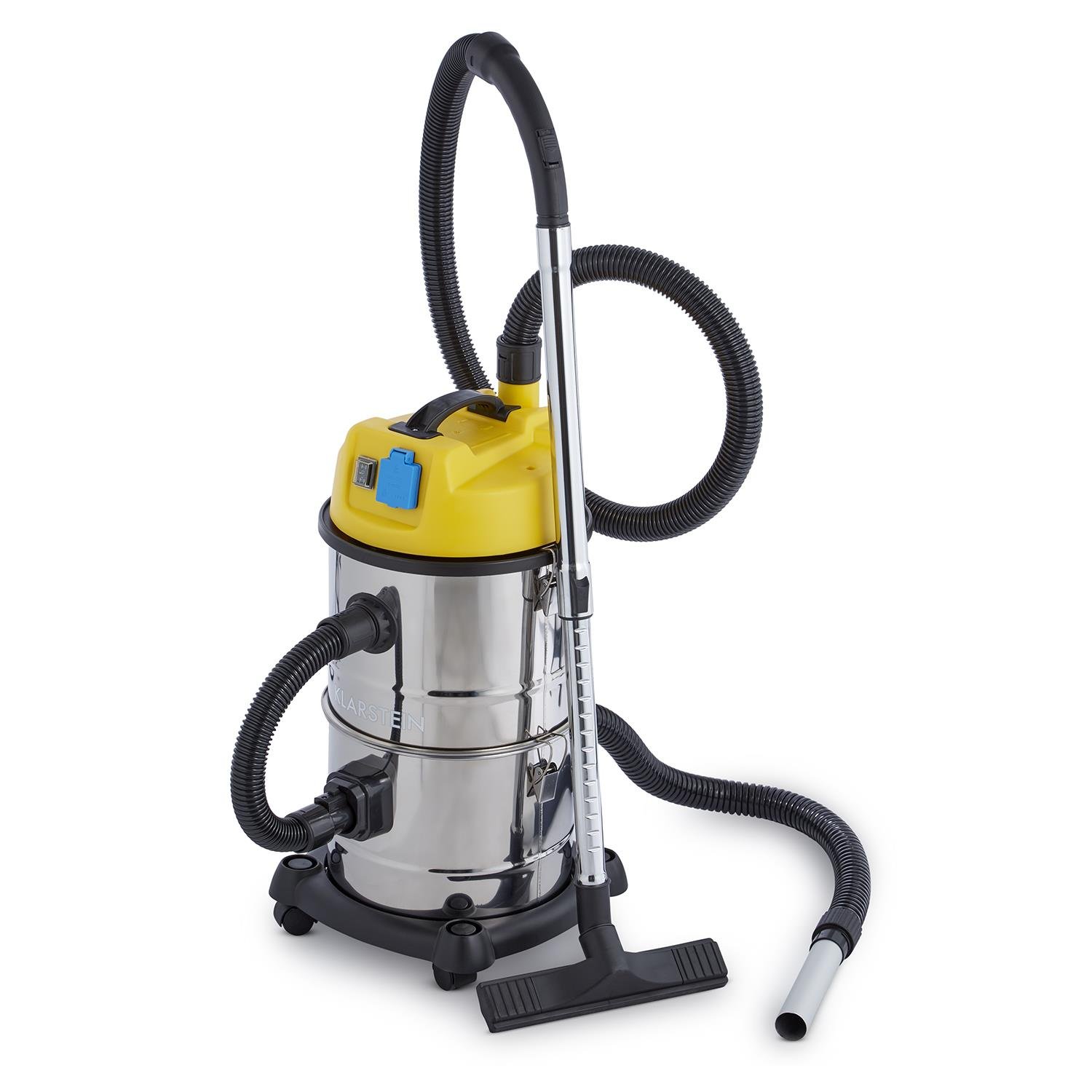 Klarstein Reinraum - Industriesauger, Nasssauger, Aschesauger, Trockensauger, 1800 Watt, Auffangfilter, Gebläsefunktion, 30 Liter Edelstahl-Behälter, integrierte Steckdose, silber-gelb