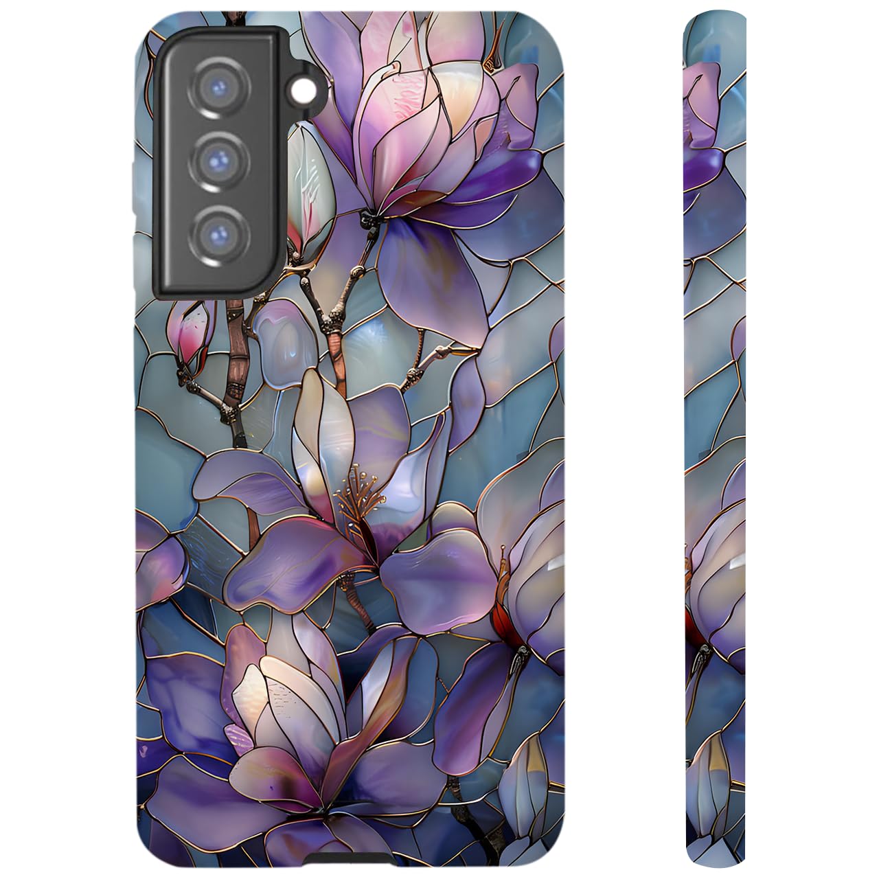 for Samsung Galaxy S22, Purple Lotus Floral Dual-Layer Hard Shell+Silicone Cover-Shockproof Protective Phone Case for Women Girls