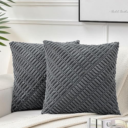 Fancy Homi 2 Packs Dark Gray Decorative Throw Pillow Covers 18x18 Inch for Living Room Couch Bed Sofa, Rustic Farmhouse Boho Home Decor, Soft Corss Corduroy Twill Textured Square Cushion Case 45x45 cm