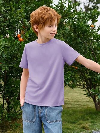 Haloumoning Boys T-Shirts, Short Sleeve Crewneck, 5-14 Years | Solid Basic, Casual Tops