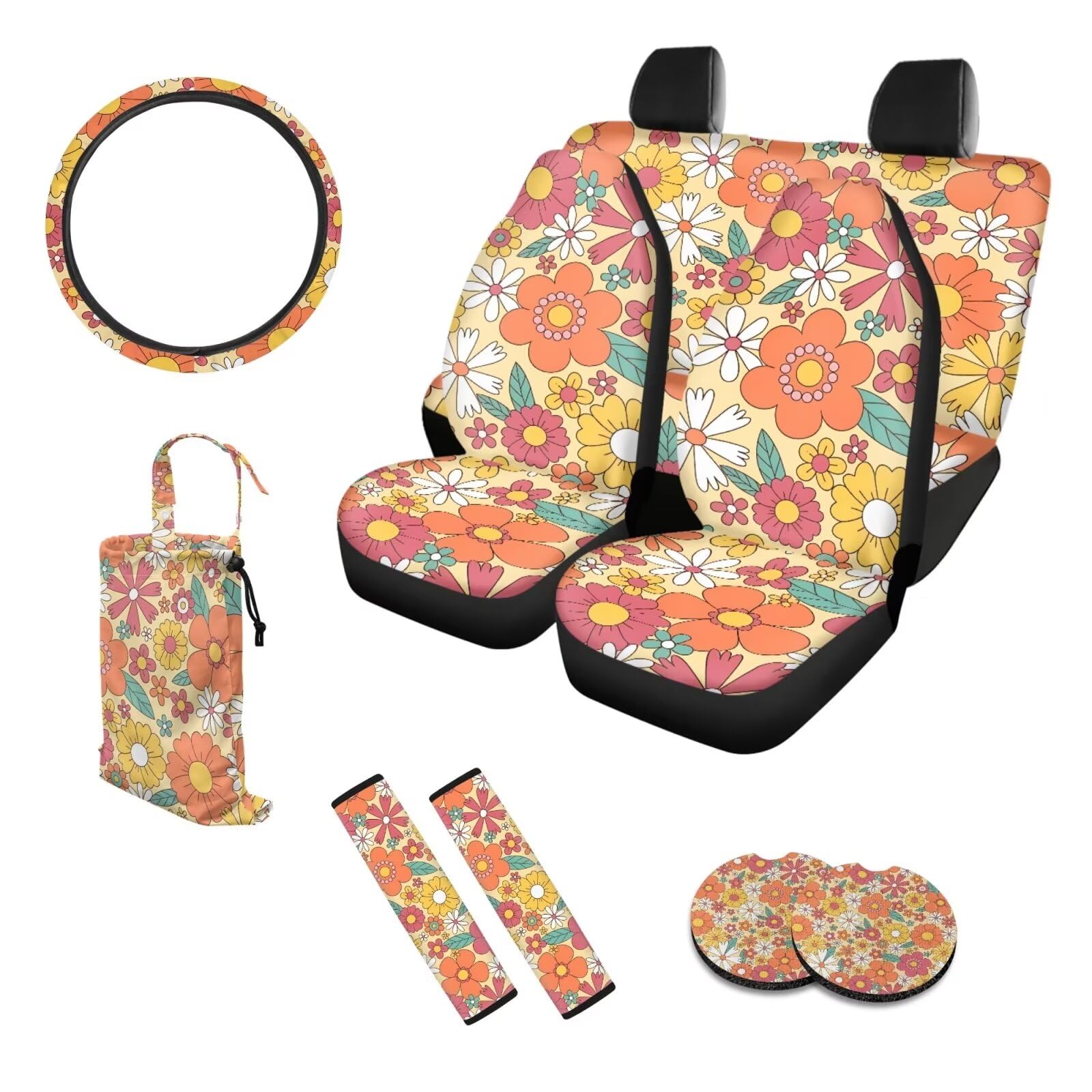 Ensemble complet de housses de siège et de volant de voiture pour femme avec coussins de ceinture moelleux, motif floral hippie années 70