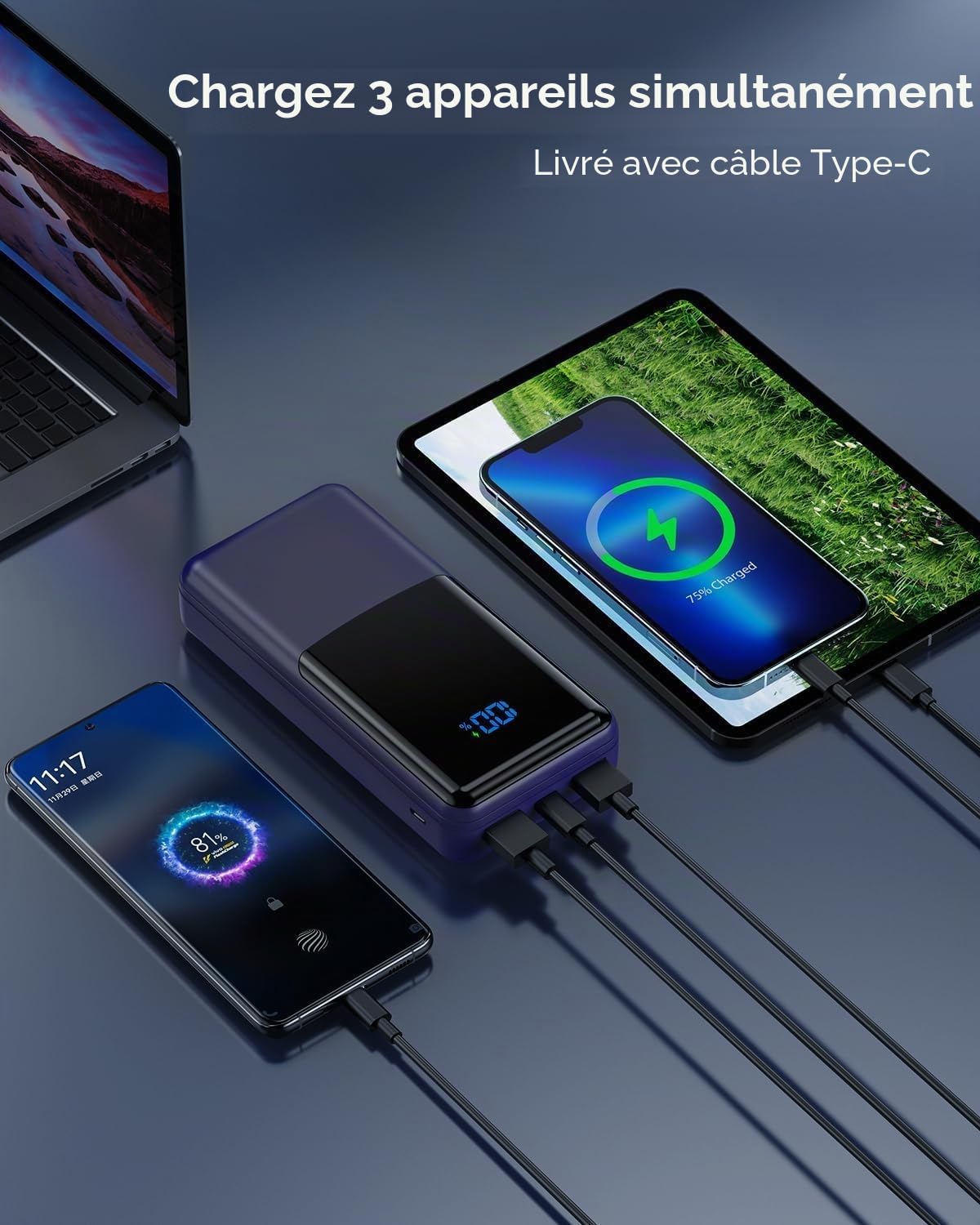 Coblob Batterie Externe, 30W 27000mAh Power Bank, Batterie Portable USB C (Entrée/Sortie) PD3.0 QC4.0 Charge Rapide Chargeur avec Affichage LCD Compatible Smartphones Tablets Watches etc. (Bleu Foncé)