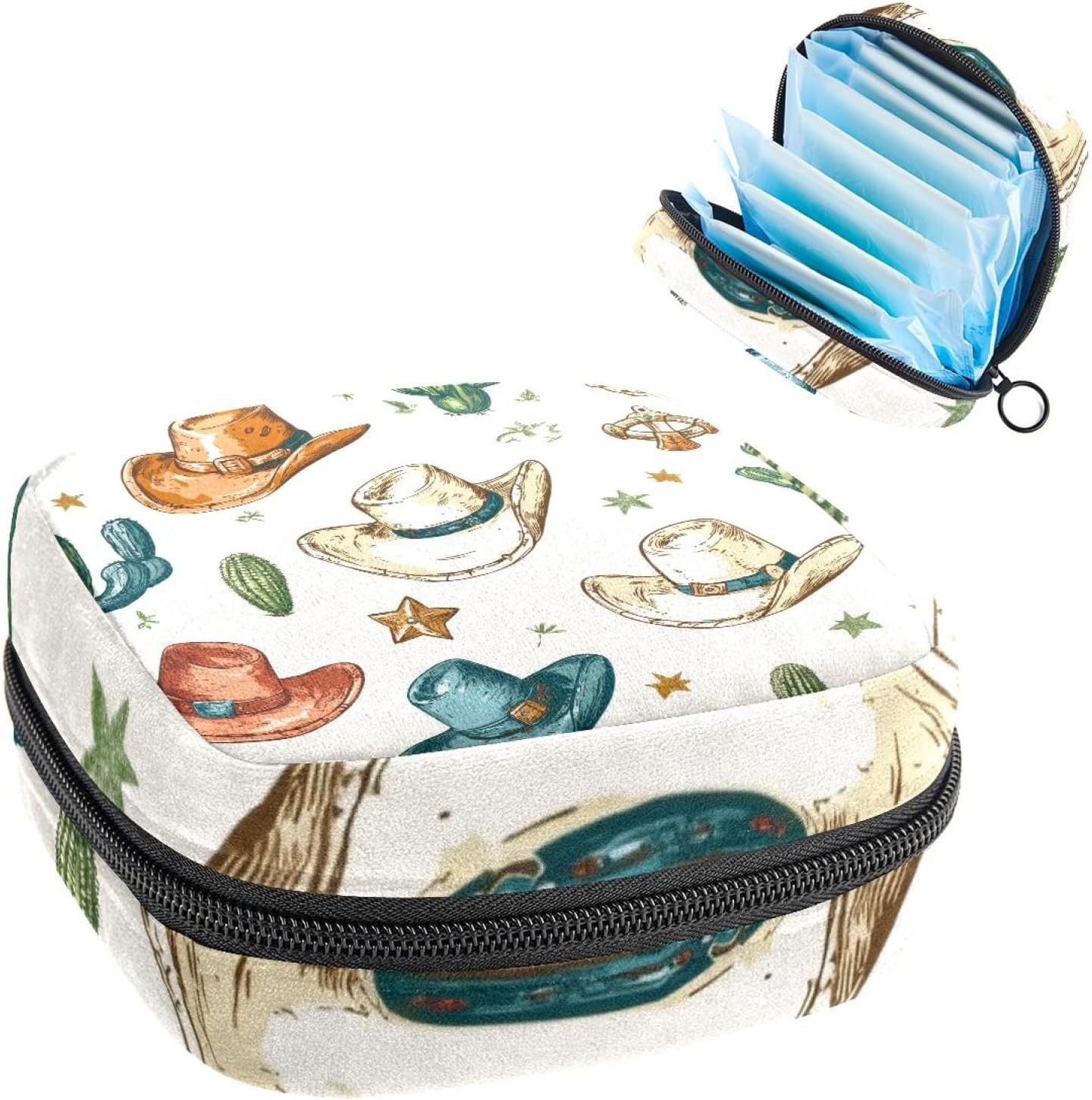 1Pc Period Bag for Women, Menstrual Pad Pouch for School Office, Reusable Sanitary Napkin Storage Bag Portable Feminine Period Kit Bag Western Cowboy Hats with Cactus Stars Pattern