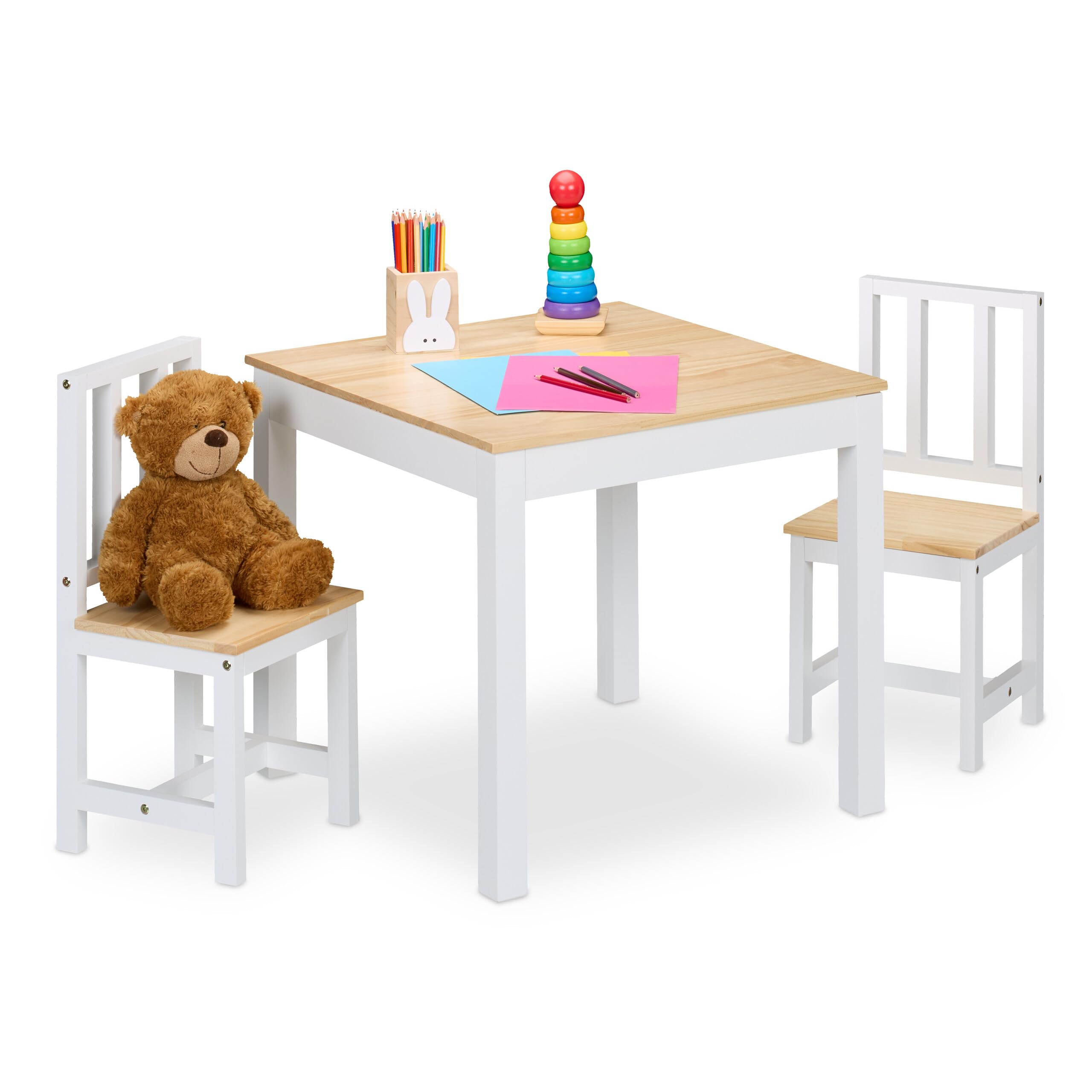 Relaxdays Mesa y 2 Sillas Infantiles, 3 Piezas, Mobiliario para Niños y Niñas, Set de Muebles Dormitorio, Blanco/Natural