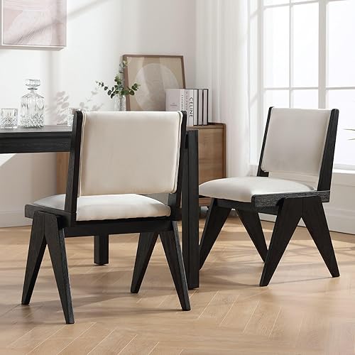 Miniatura 4 de Juego de 2 sillas de comedor tapizadas de lino con patas de madera, modernas sillas de comedor acolchadas de mediados de siglo para cocina