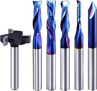 Eyryfui 6Pcs CNC Router Bits Set, 1/4" Shank Solid Carbide Multiple Uses Router Bit for Woodworking Detail Carving Trimming V Groove Engraving Slotting Mortise MDF Resin Lettering Sign Making