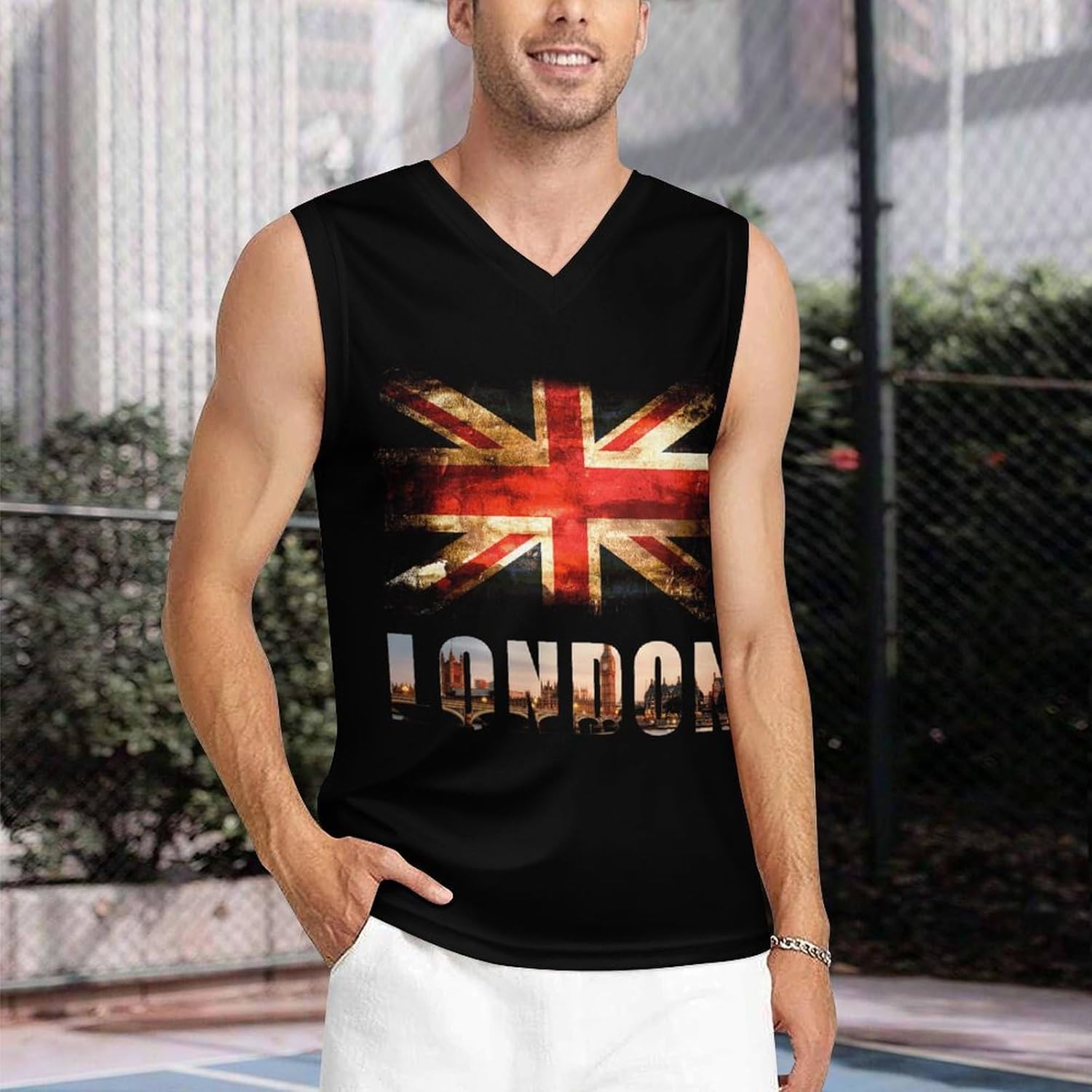 British Flag UK Big Ben London Men's V-Neck Basketball Tank Top Sleeveless Workout Tank Shirts Gym Fitness Tees Vest