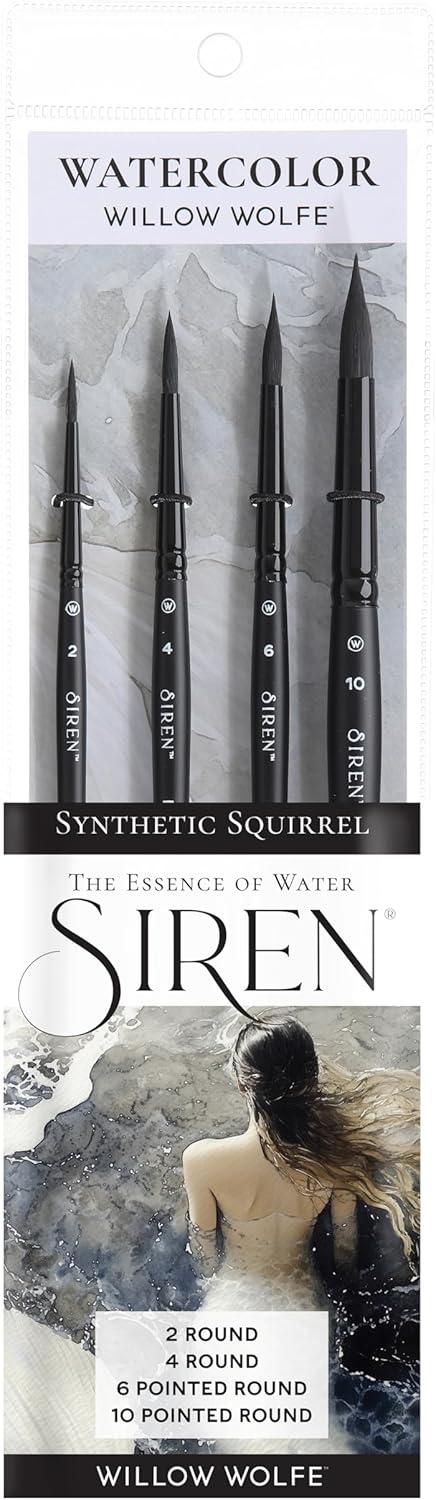 Willow Wolfe Siren Artist Watercolor Brush Set, Premium Blended Synthetic Black Squirrel Hair, Set of 4 Round Brushes (1100SET1)