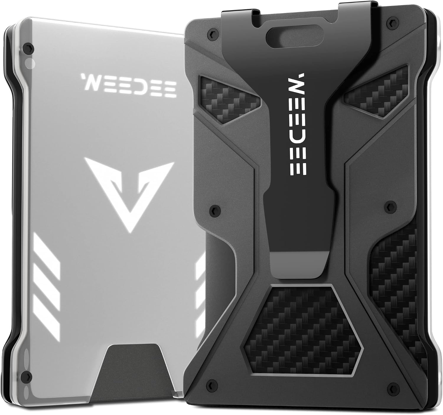 WeeDee Minimalist Slim Wallet for Men - Carbon Fiber Tactical Wallets with Clear ID Badge Holder RFID Blocking - EDC Aluminum Metal Wallet Credit Card Holder with Money Clip