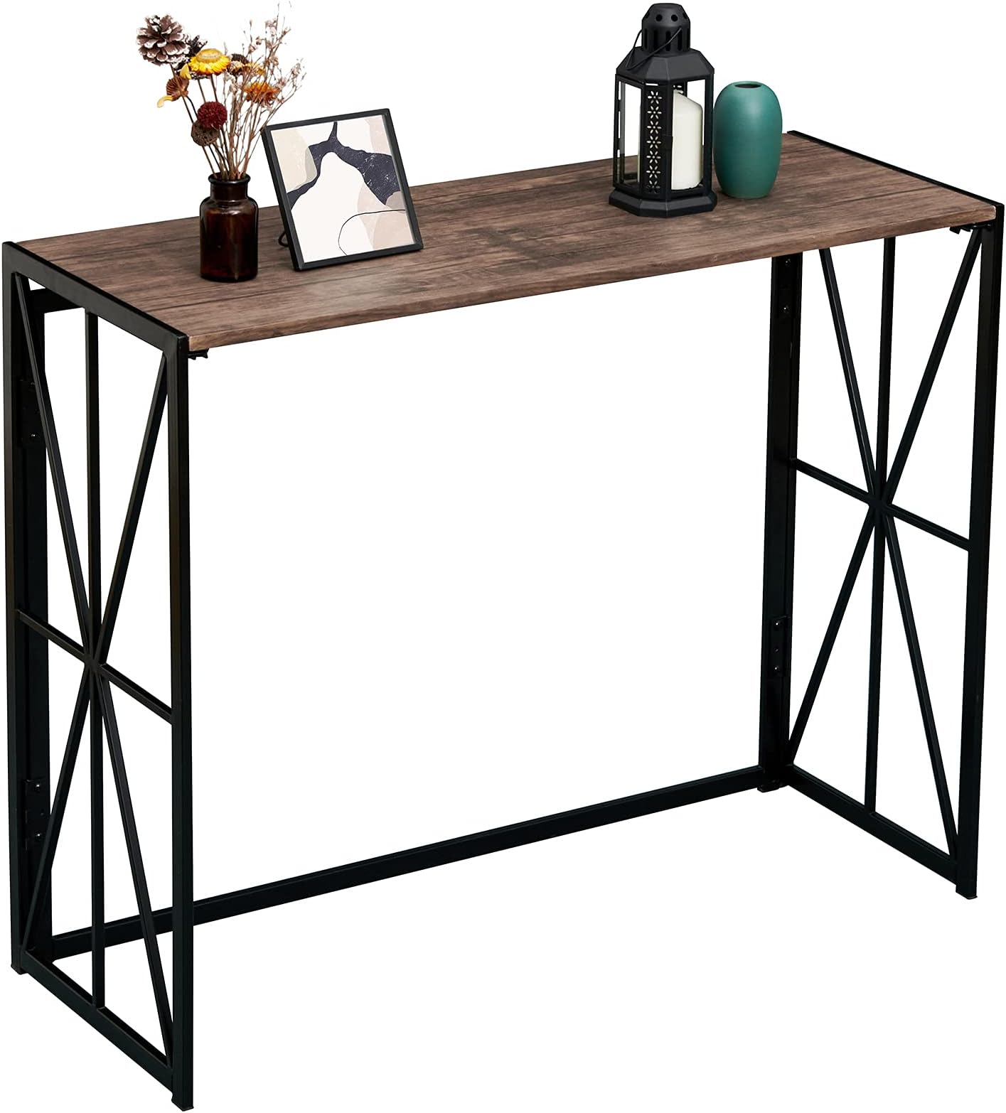 Console Sofa Table for Entryway No Assembly Couch Hallway Wall Table Folding Living Room TV Stand Narrow Entrance Foyer Table Industrial Kitchen Buffet Bar Height Table with Metal X-Frame,Rustic Brown