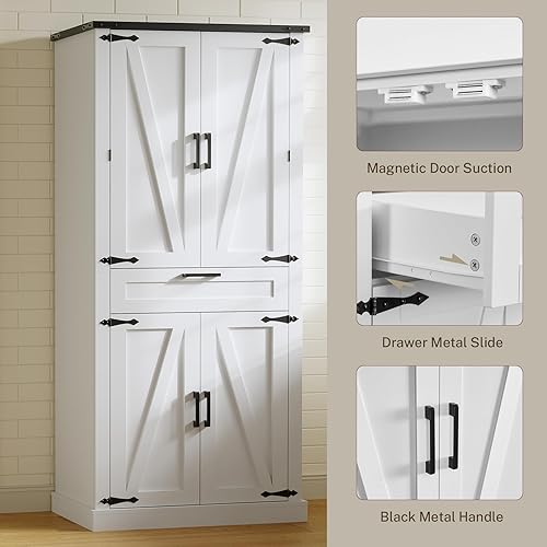 Vista 50 de usikey Armario de despensa de cocina de 72 pulgadas, armario alto de almacenamiento con 4 puertas y 1 cajón, armario independiente con 6 estantes