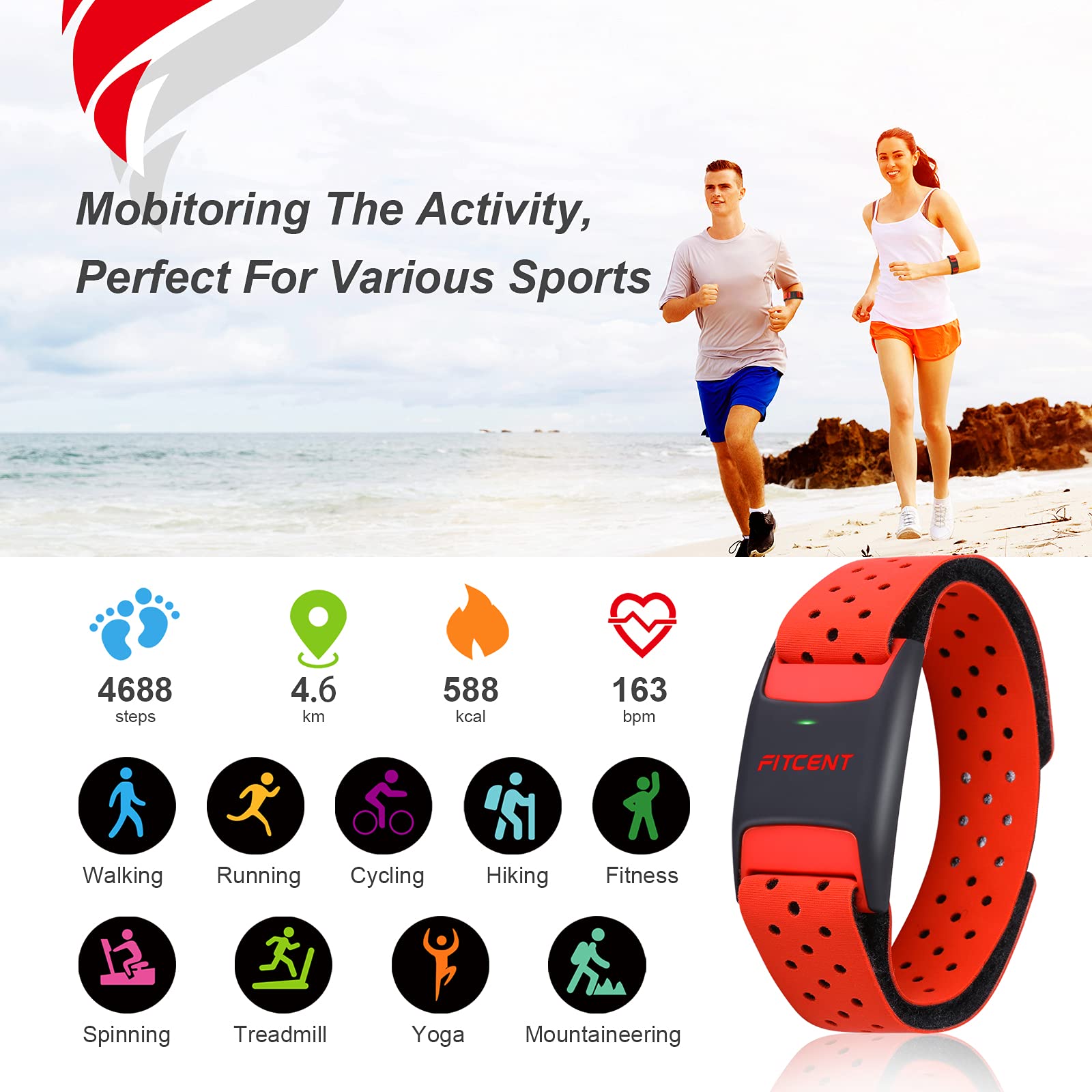 FITCENT Herzfrequenz Armband mit Bluetooth Ant+, Optischer Herzfrequenz Sensor, Wasserdicht IP67, kompatibel mit Wahoo, Strava, Peloton, Zwift, DDPYoga App