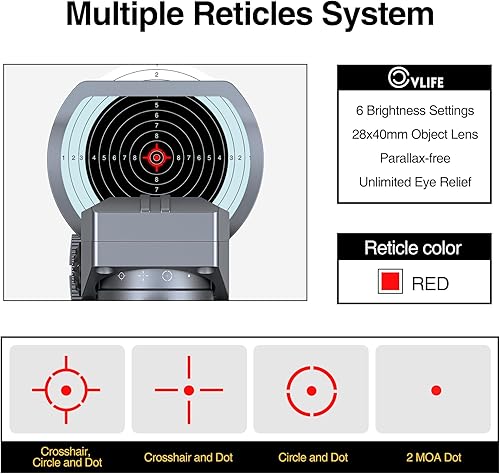 Vista 16 de CVLIFE Mira reflejada, mira de punto rojo de 0.039 x 1.102 x 1.575 in, 4 mira de retículas ajustables para riel Picatinny de 0.787 in, óptica
