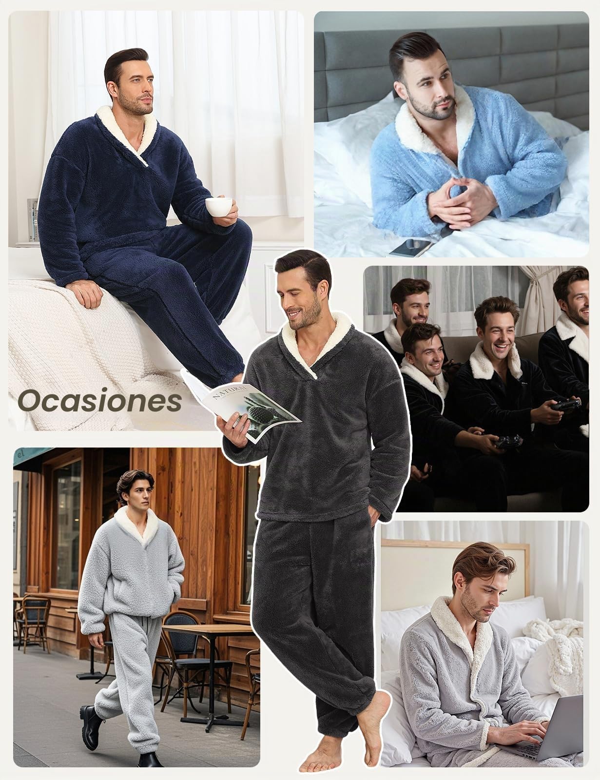 TOMEEK Pijama Hombre Invierno Largo Pijama Cálido Pantalones de Pijamas Hombre Conjunto de 2 Piezas Felpa Ropa de Estar por Casa Regalo