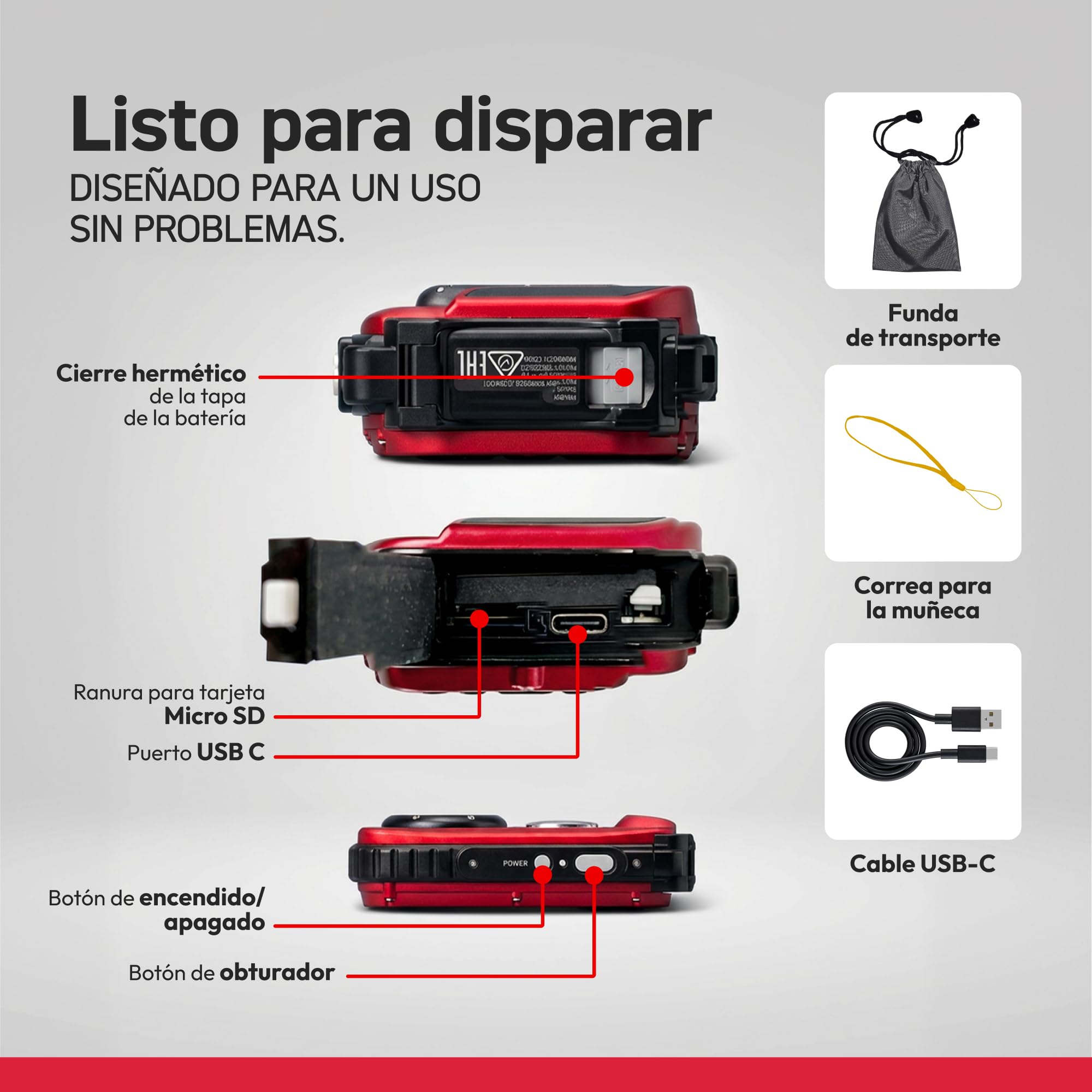 AGFA Photo Realishot WP6000 – Cámara Digital Impermeable, 3 m/10 ft, 18 MP, vídeo HD, Pantalla LCD 2,4", Zoom Digital 16x, autofoco, Espejo Selfie, batería de Litio – Rojo