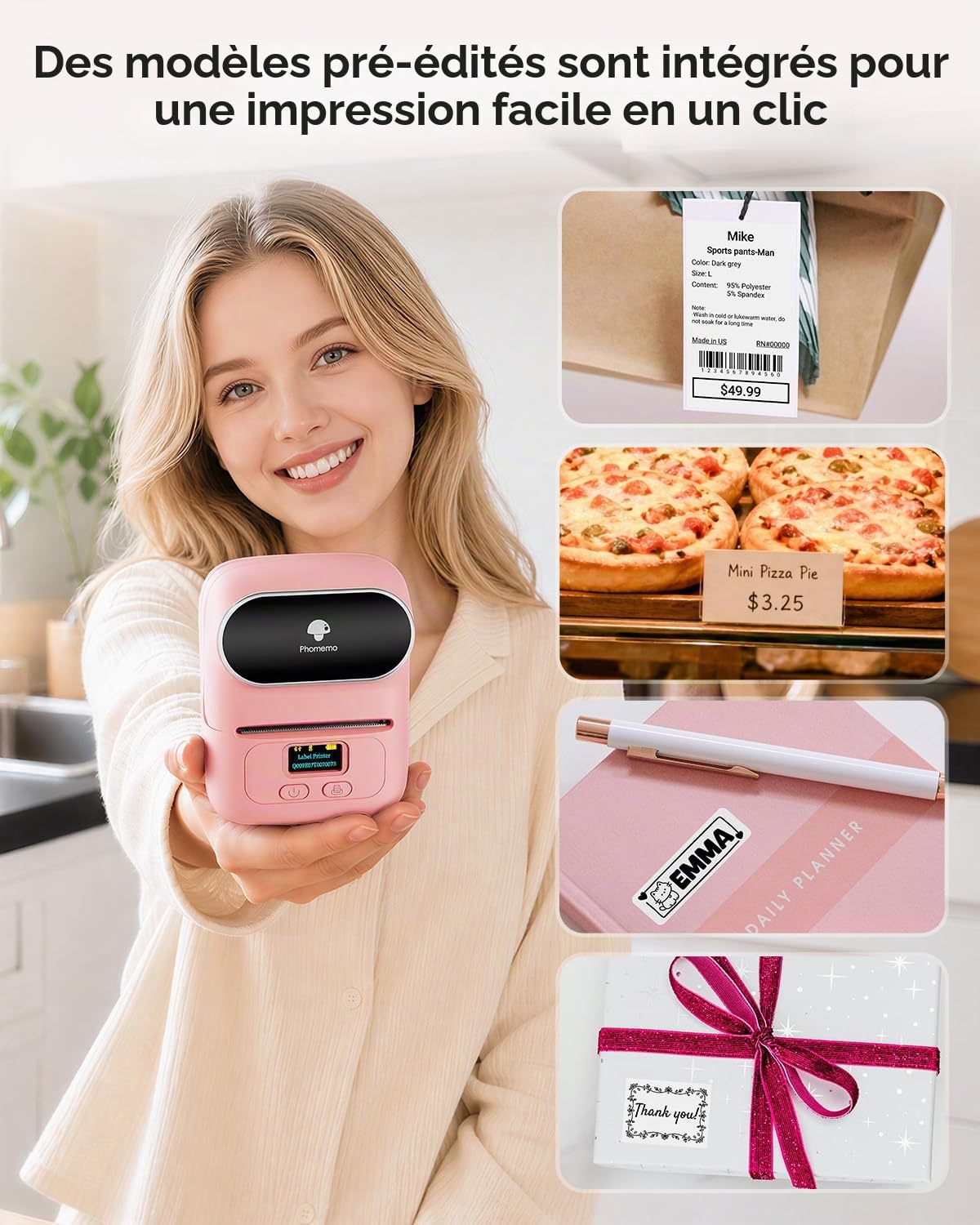 Phomemo M110 Étiqueteuse - Imprimante Code Barres Mini Étiqueteuse Bluetooth Imprimante d'Étiquettes Thermique, Imprimante Portable, Convient pour Vêtements, Supermarché, Vente au Détail, Rose