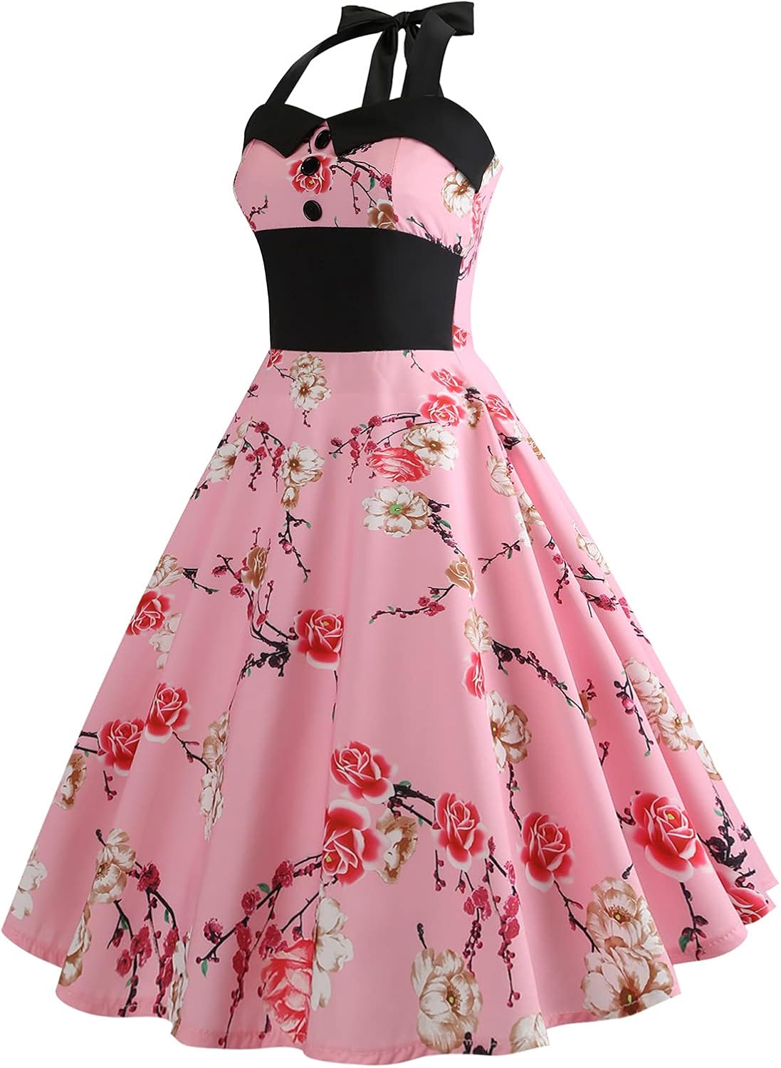 Women 50s 60s Vintage Floral Print Halter Neck Cocktail Swing Dress Buttons Backless Retro 1950s Rockabilly Audrey Hepburn Tea Party Prom Dress Halloween Costume Wedding Evening Gown Plum Blossom S - Image 3