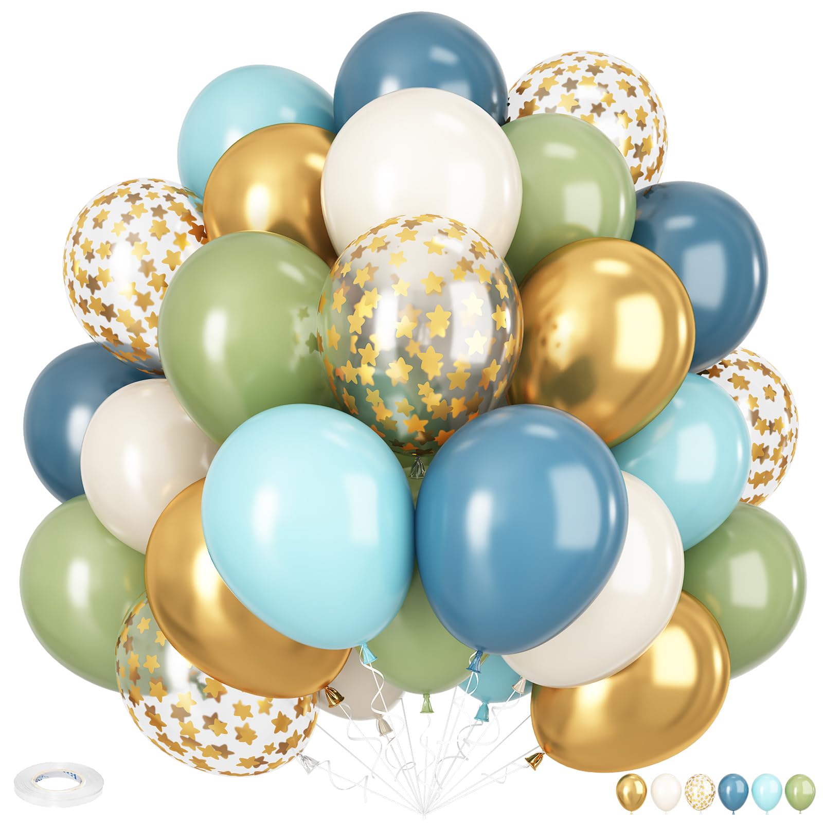 Green Blue Gold Balloons, 12 Inch Dusty Blue and Sage Green Balloons Set, Teal Blue and White Sand Balloon Metallic Gold Star Confetti Balloon for