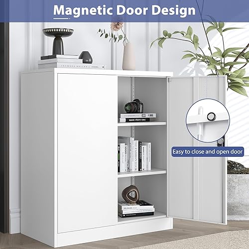 Miniatura 7 de Armario de almacenamiento de metal, archivador alto con 2 estantes ajustables y cajón, gabinete de herramientas de acero con cerradura para oficina