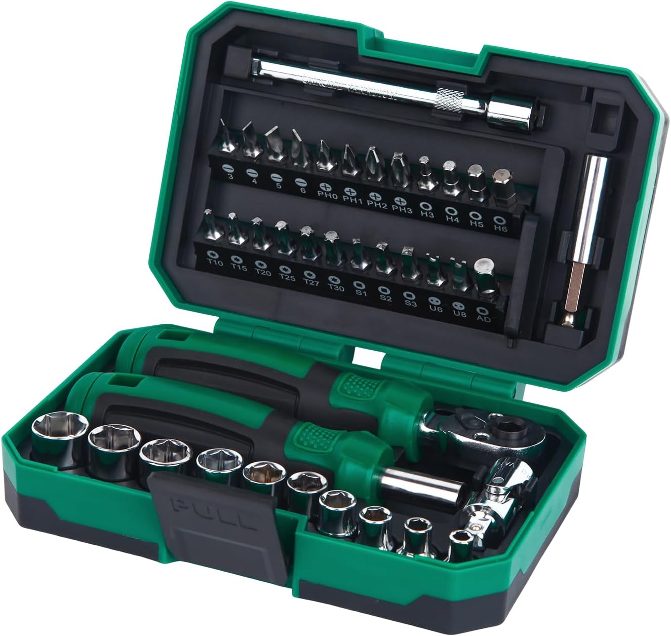 39 in 1 Ratcheting Screwdriver Set, Magnetic Socket Wrench Set with Storage Case, CR-V Steel Deep & Shallow Kit With Adapters, Spark Plug Socket, for Motorcycle, Bike, Furniture Repair and DIY