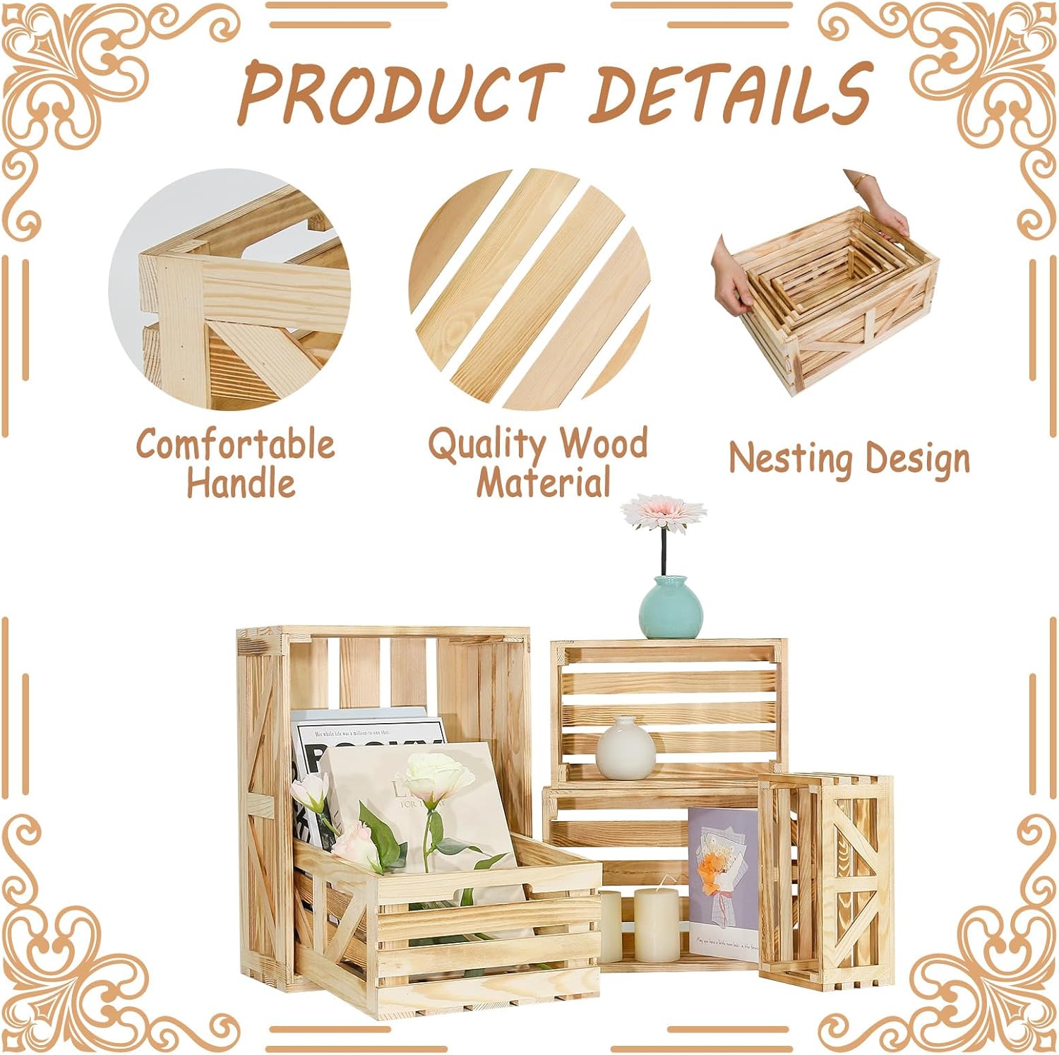 Wooden Crates for Display 5 Pack Wood Storage Crate for Home Rustic Nested Crates with Handles, Farmhouse Wooden Basket for Storage Container and Decorations