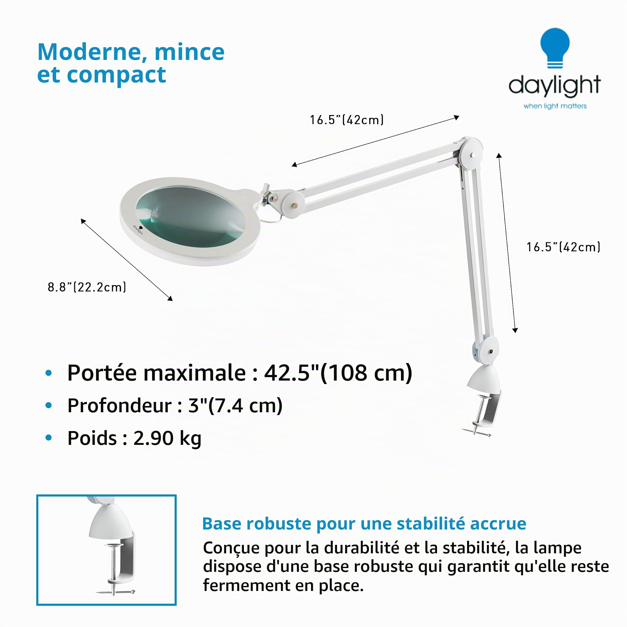 daylight Lampe loupe XL à pince pour salons de manucure, tatoueurs, lecture et travaux de précision - Lampe loupe à intensité variable, Noir