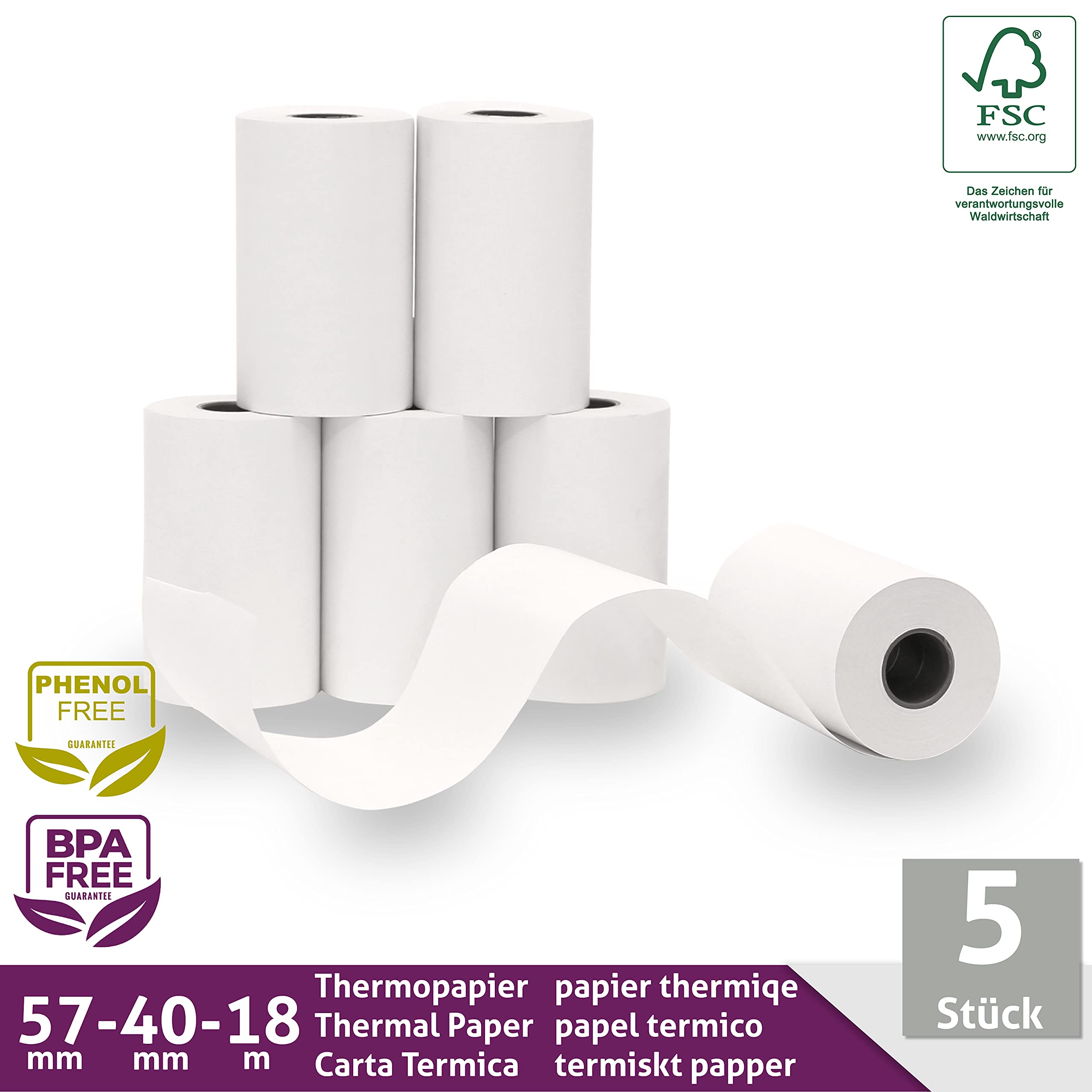 Ec-Cash rolki termiczne 57 mm x 18 m x 12 mm – rolki kasowe – papier termiczny – rolki bonkomatu – czytniki kart kredytowych (57 x 40 x 12) z tekstem obciążenia SEPA (5 rolek)