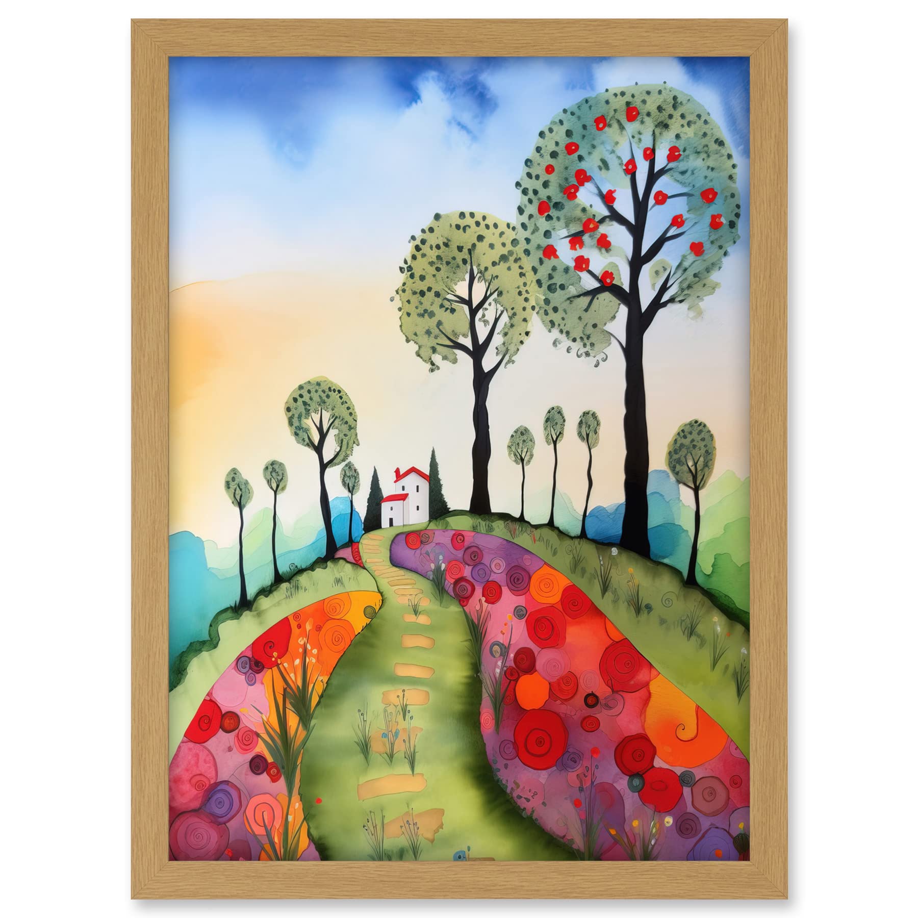 Artery8 Countryside House Path With Flowerbeds Folk Art Landscape Watercolour Painting Artwork Framed A3 Wall Art Print