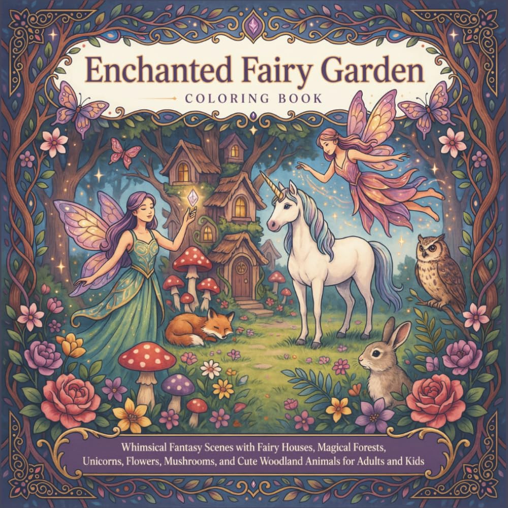 Enchanted Fairy Garden Coloring Book: Whimsical Fantasy Scenes with Fairy Houses, Magical Forests, Unicorns, Flowers, Mushrooms, and Cute Woodland Animals