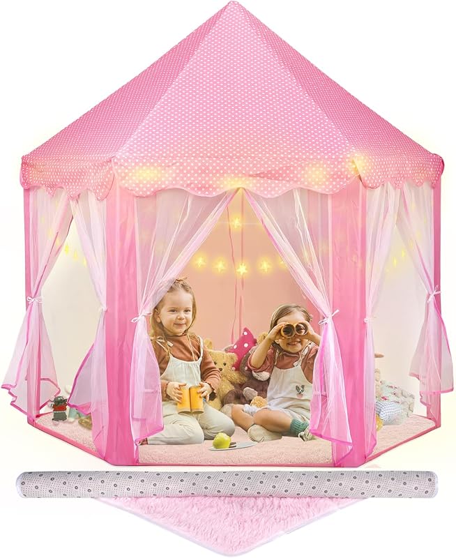 Princess Tent with Rug & Led Star Lights,Princess Castle Play Tent for Girls Kids or Toddlers, Kids Large Playhouse for Indoor and Outdoor Games,140 * 135cm,Birthday for 3/4/5/6/7/8/9+ Year Old