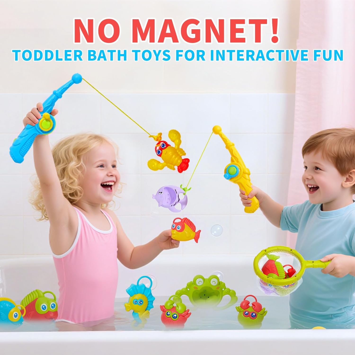 Toddler Bath Toys for Kids Ages 1-3, 26PCS Mold Free Bathtub Pool Water Table Toys with Pole Rod Net Outdoor Plastic Floating Fish and Mesh Bag, Birthday Gifts for Kids Age 3 4 5 6 7 8 Year Old