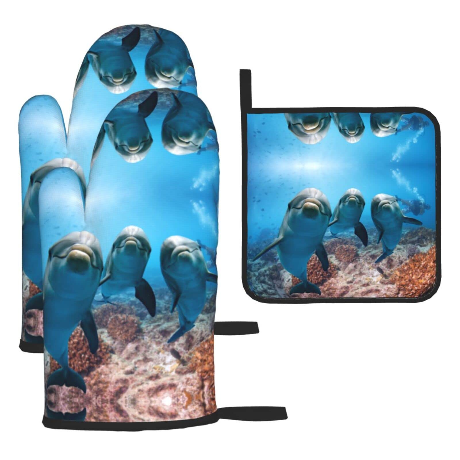 Ocean Animal Funny Dolphin Oven Mitts and Pot Holder Kitchen Set for Grilling, Cooking, Baking, Heat Resistant