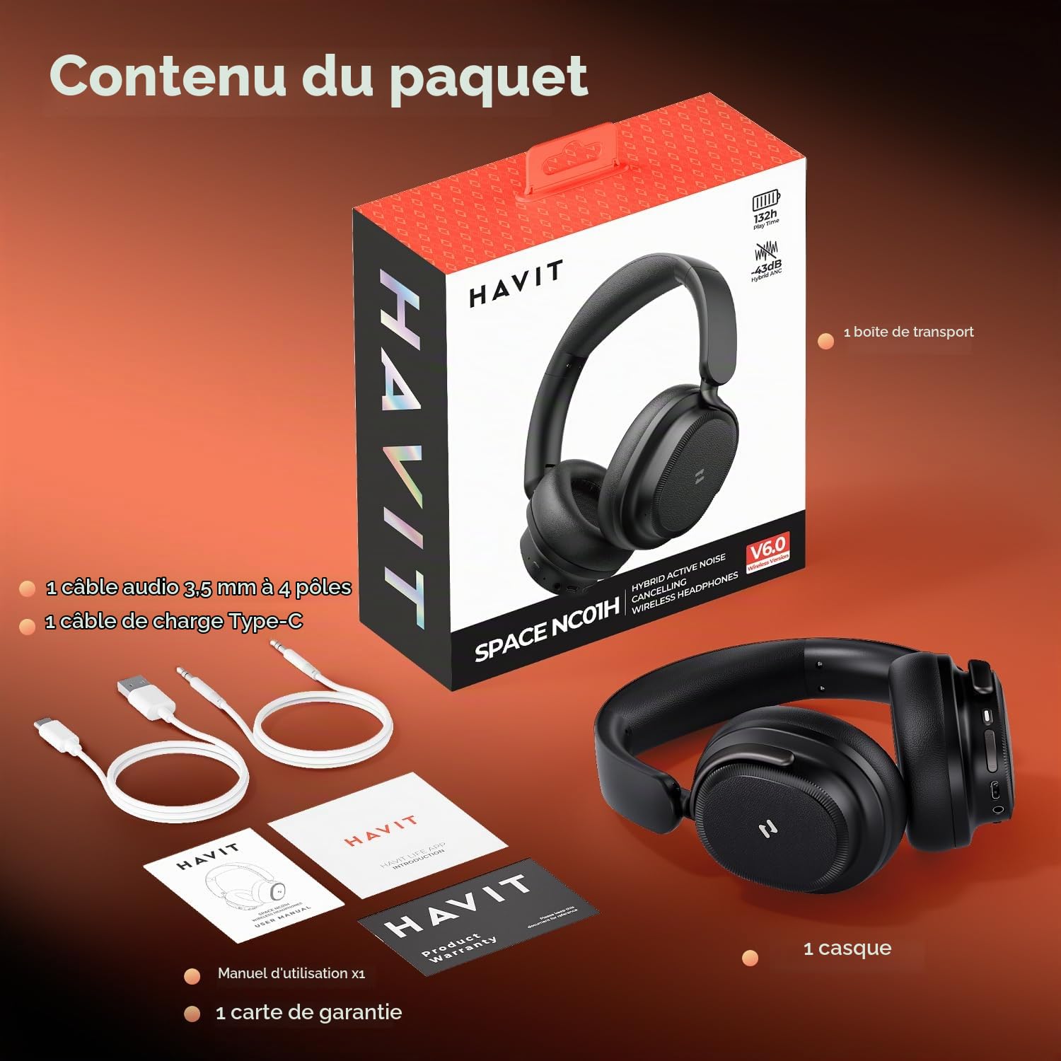 havit SPACE NC01H Casque hybride à suppression active du bruit, casque supra-auriculaire Bluetooth avec 4 micro ENC, 132 heures de lecture, casque pliable avec basses profondes, Bluetooth 6, contrôle