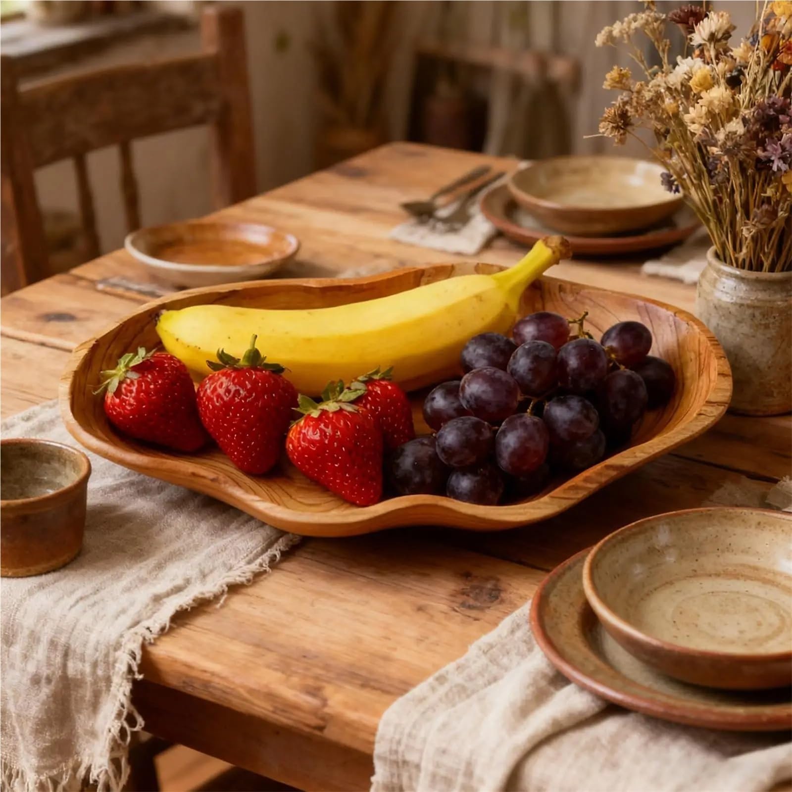 Frutero Madera Ensaladera de madera, plato fruta Natural, 15,7x7x2,3 pulgadas, cuenco decorativo for servir ensalada, for dulces, postres, mesa aperitivos, cocina