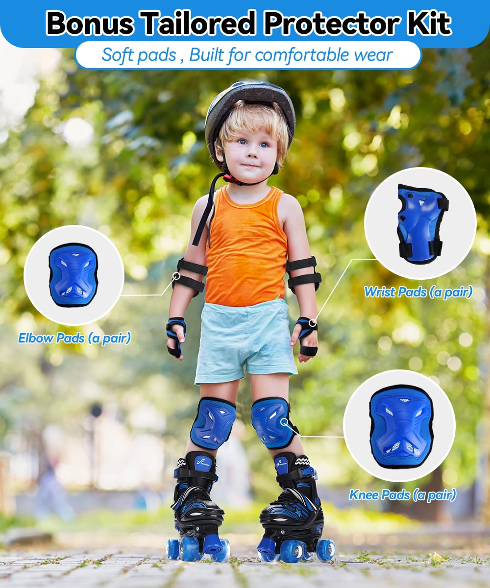 Sportneer Kids Roller Skates, 4 Adjustable Light up Roller Skates for Girls Boys Kids Toddlers Beginners, Kids Skates with Protective Gear Set Gift for Indoor & Outdoor Use