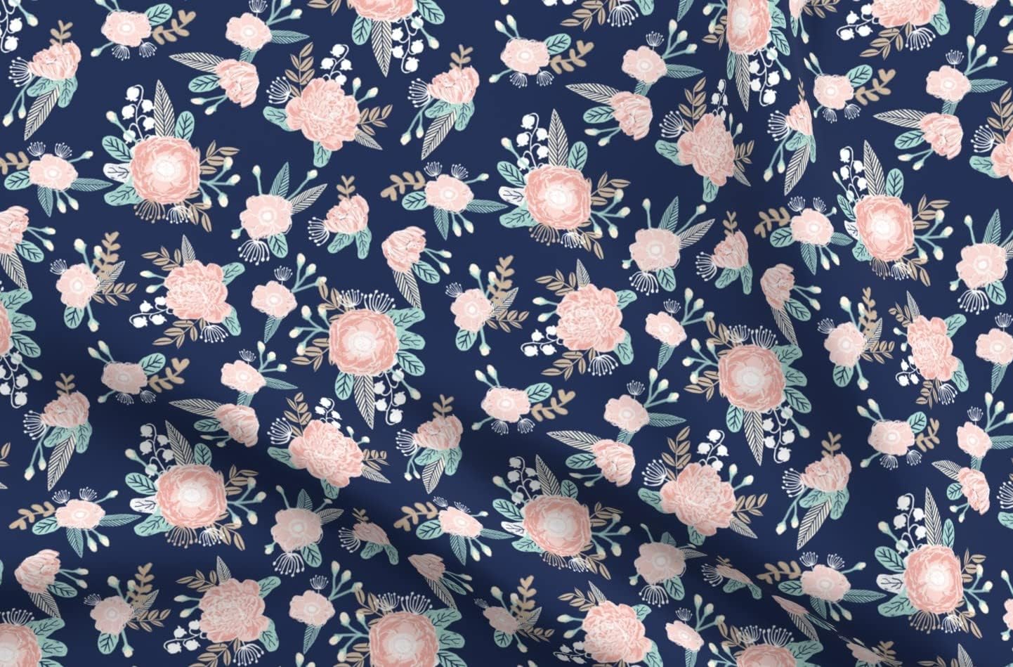 Spoonflower Fabric - Florals Navy Blue Blush Pink Taupe Floral Painted Flowers Printed on Organic Cotton Sateen Fabric by The Yard - Sewing Quilting Apparel Home Decor