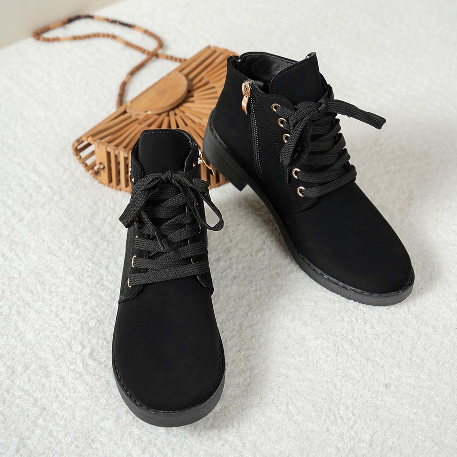 Women's Ankle Boots Lace up Fashion Combat Booties Low Heel Suede Boots for Women Comfortable Shoes Fall Winter Short Boot Side Zipper Wide Width Stylish Casual Work Non-Slip Booties