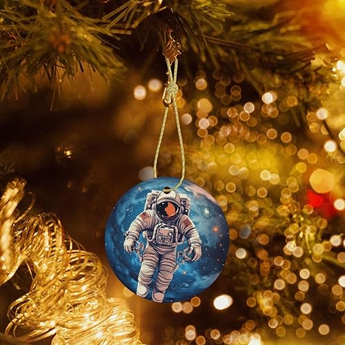 Miniatura 7 de Ceramic Christmas Double-Side Astronauta Planet Print Ornaments Personalized Round Xmas Hanging Ornament for Xmas Decor Home Office Gift
