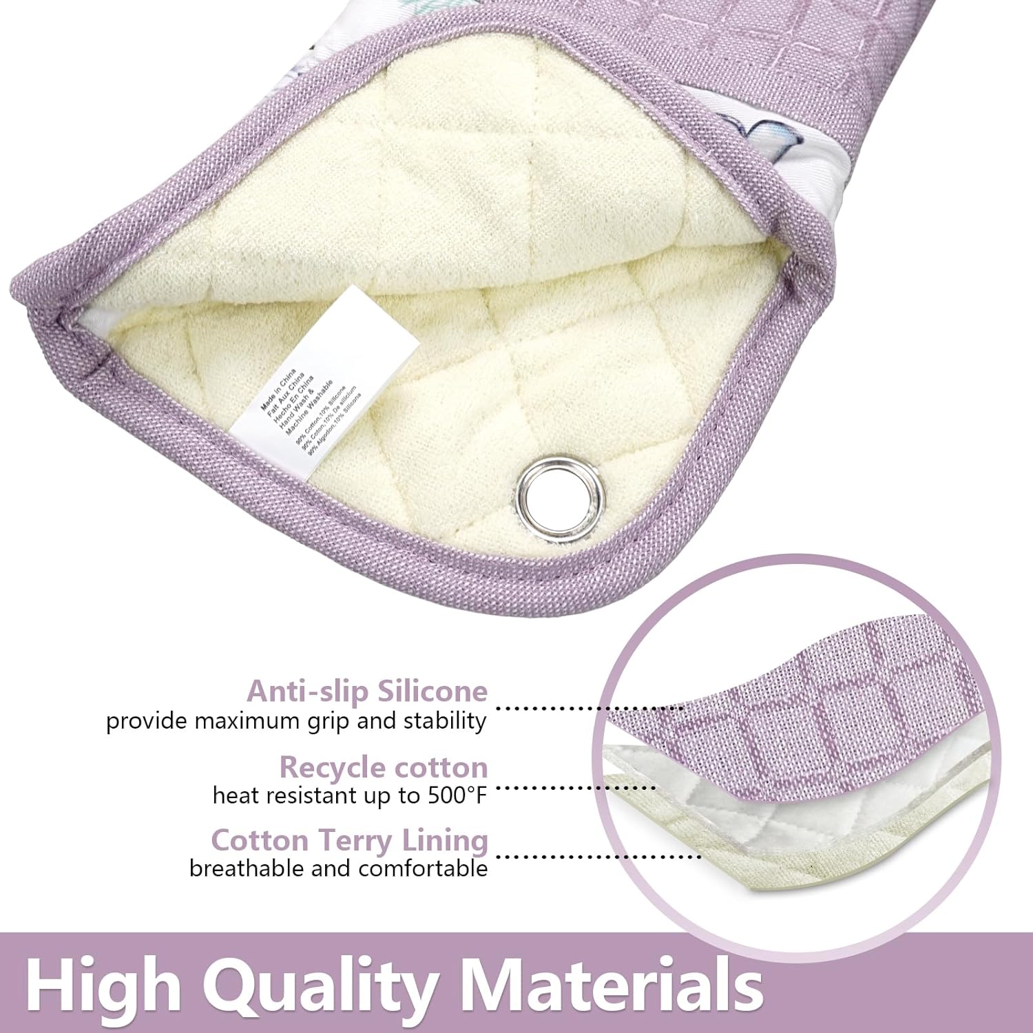 Silicone Printing Oven Mitts Heat Resistant to 500 Degree,Yarm-Dyed Oven Gloves with Animal Design Non-Slip for Kitchen Cooking Barbecue Baking and Machine Washable. (Purple Oven Mitts) - Image 3